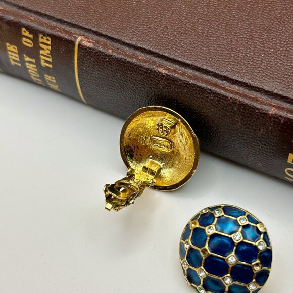 Vintage 1980s Butler Clip-On Earrings, Blue-Green Enamel & Rhinestones - Picture 9 of 9